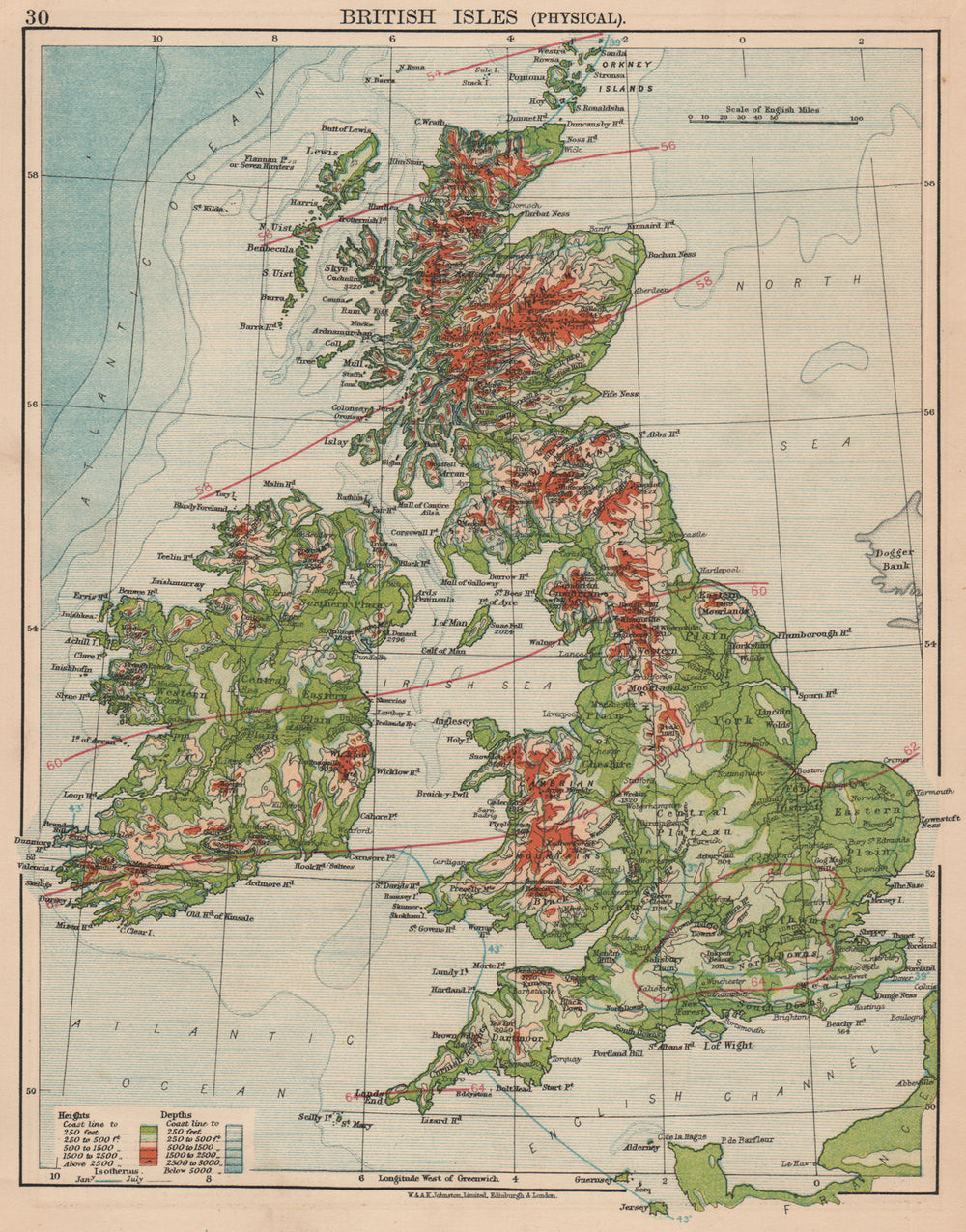 BRITISH ISLES RELIEF. Showing isotherms in January & July. JOHNSTON 1906 map