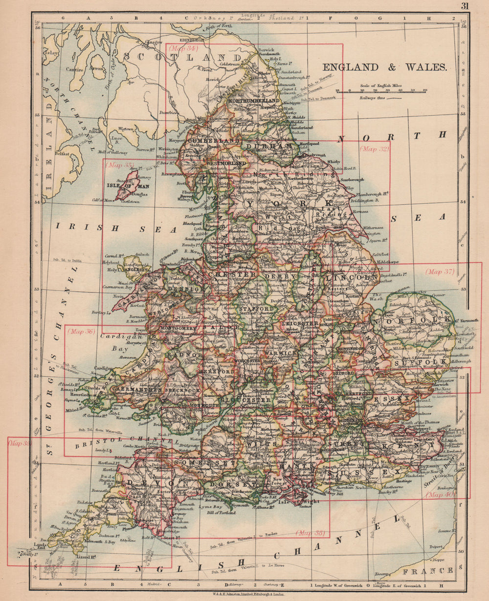 ENGLAND AND WALES. Counties. Westmorland. Telegraph cables. JOHNSTON 1906 map