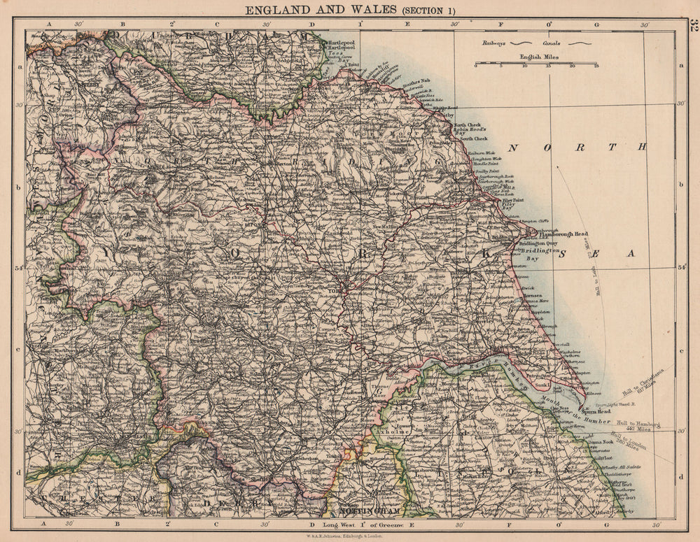 YORKSHIRE. North West England. Humber estuary. JOHNSTON 1906 old antique map