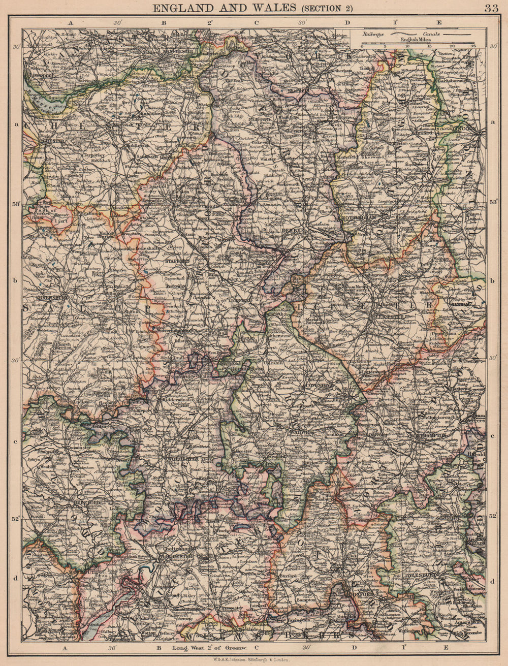 ENGLAND MIDLANDS. Warcs Worcs Leics Staffs Derbys Notts. JOHNSTON 1906 old map