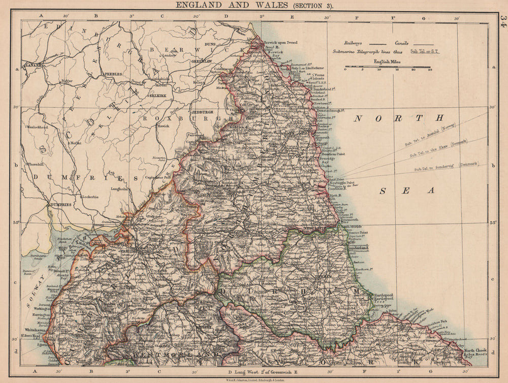 NORTHERN ENGLAND. Cumberland Northumberland Durham Westm. JOHNSTON 1906 map