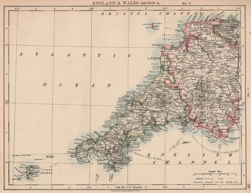 SOUTH WEST ENGLAND. Devon Cornwall Scilly Isles. JOHNSTON 1906 old antique map