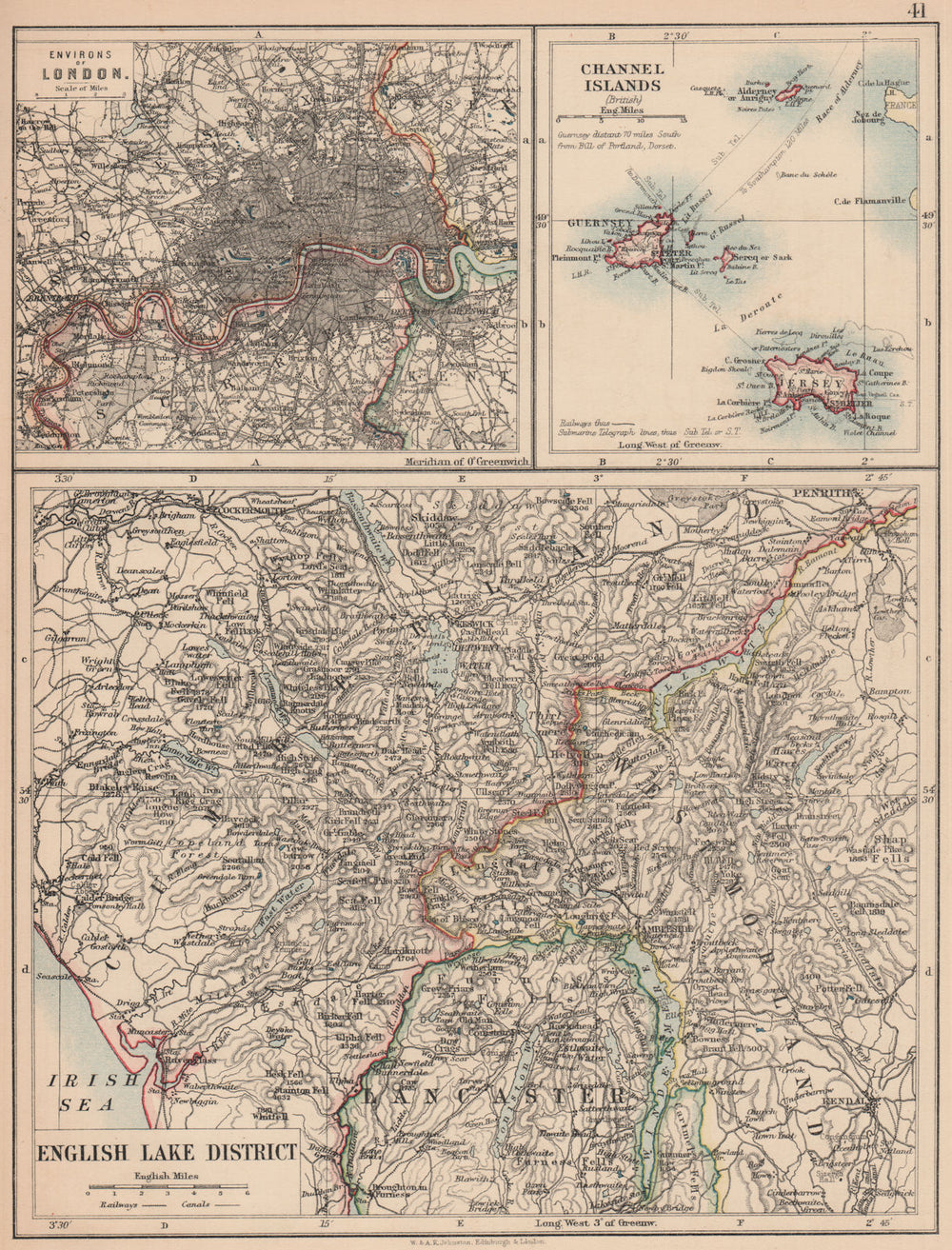 ENGLISH LAKE DISTRICT also London environs & Channel Islands. JOHNSTON 1906 map