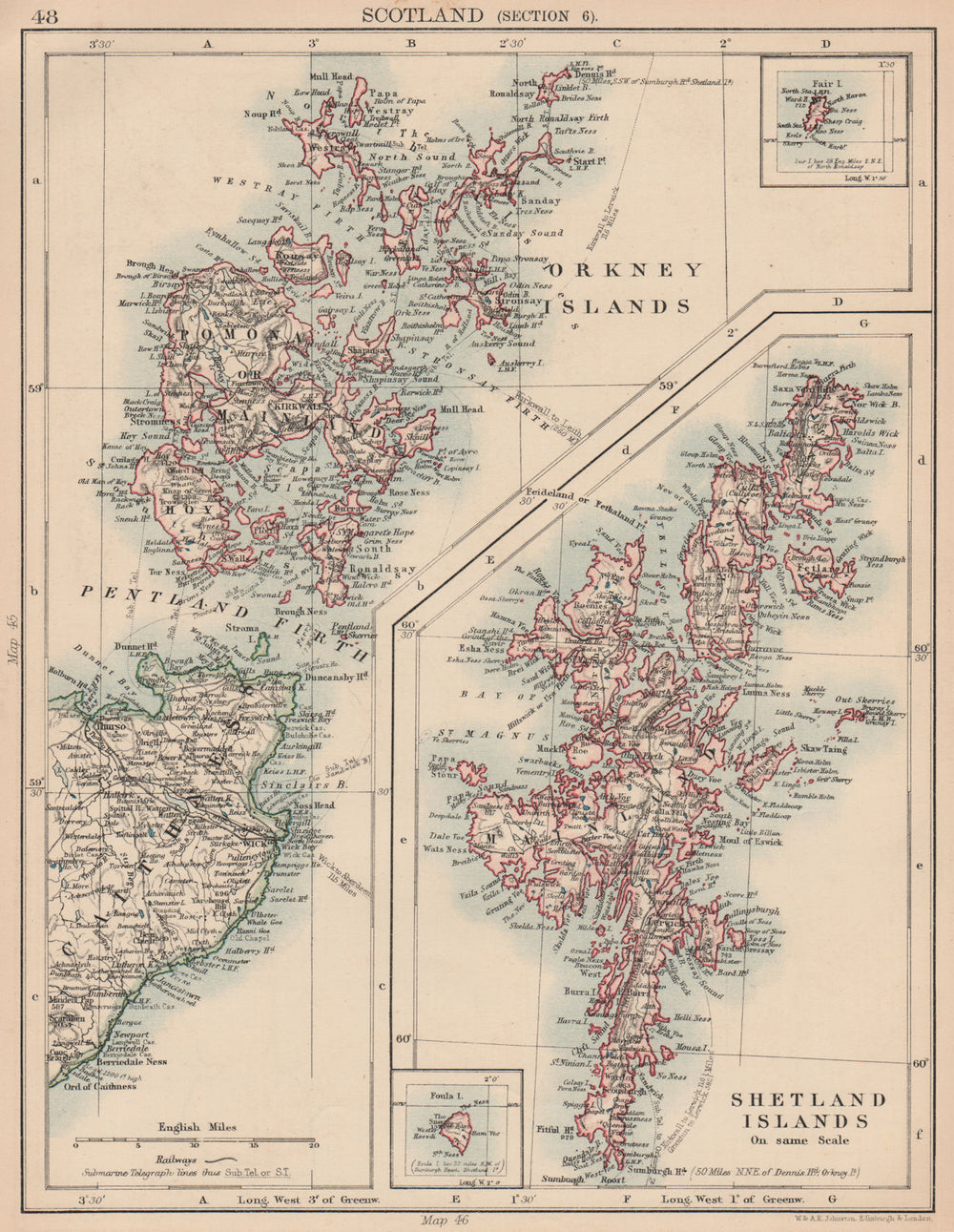 SCOTLAND. Orkney & Shetland Islands Caithness Pentland Firth. JOHNSTON 1906 map