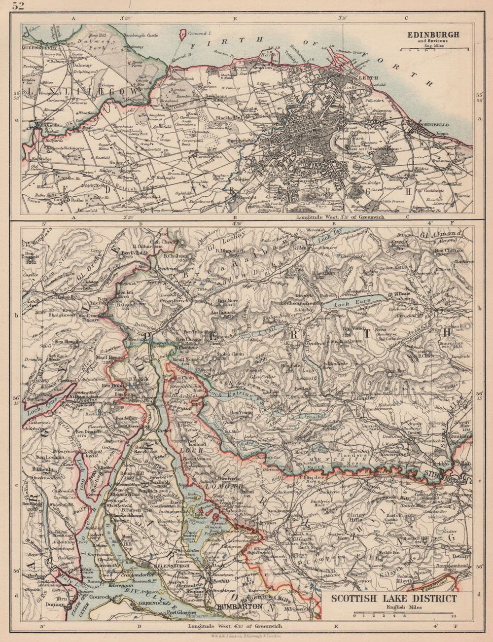 SCOTLAND. Loch Lomond & the Trossachs. Edinburgh environs. JOHNSTON 1906 map
