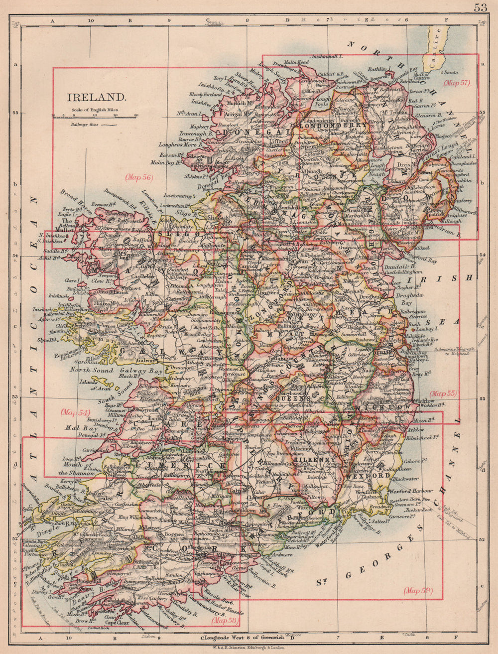 IRELAND. Showing counties. Undersea Telegraph cables. JOHNSTON 1906 old map