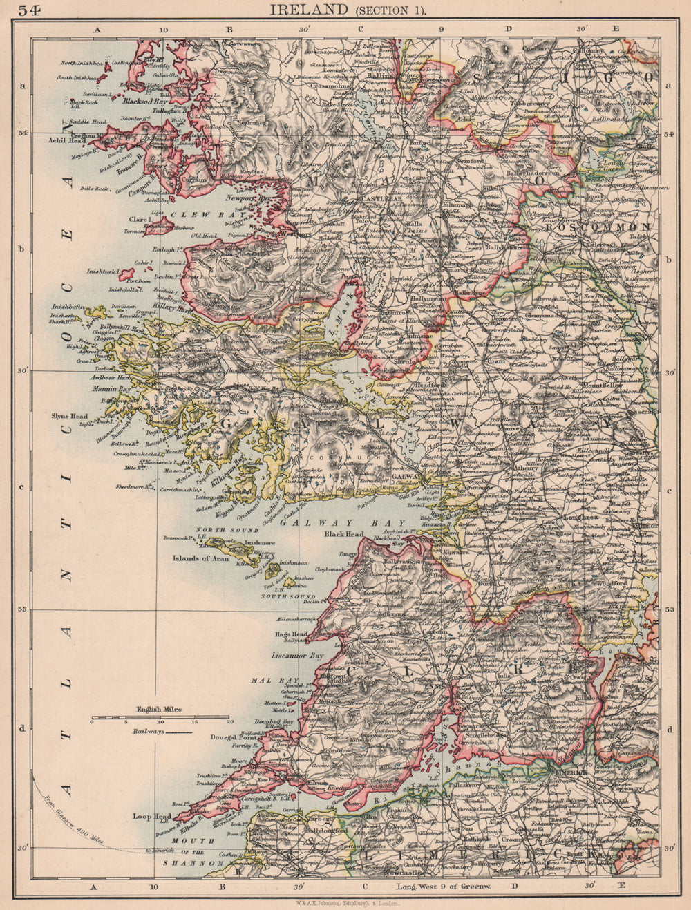 IRELAND WEST COAST. Galway Mayo Clare. River Shannon. JOHNSTON 1906 old map