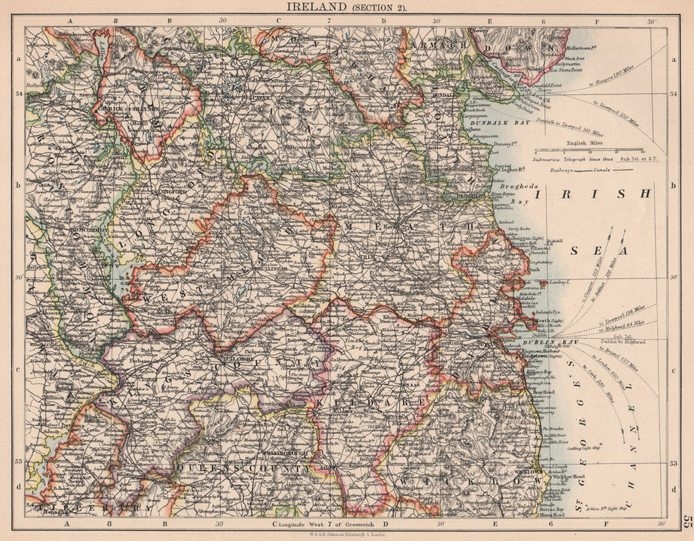 IRELAND EAST.Dublin Meath Cavan Kildare Longford King's County.JOHNSTON 1906 map