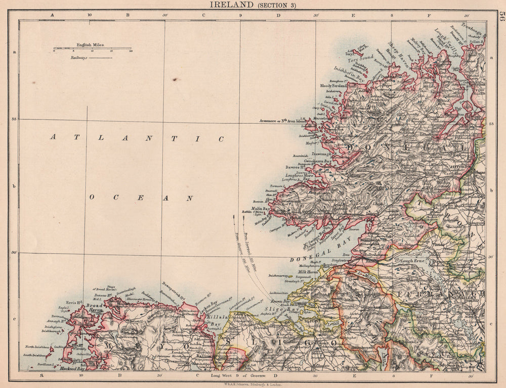 IRELAND NORTH WEST COAST.Donegal Mayo Sligo Leitrim Fermanagh.JOHNSTON 1906 map
