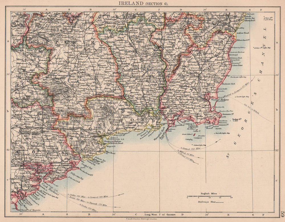IRELAND SOUTH EAST. Wexford Waterford Kilkenny Tipperary. JOHNSTON 1906 map