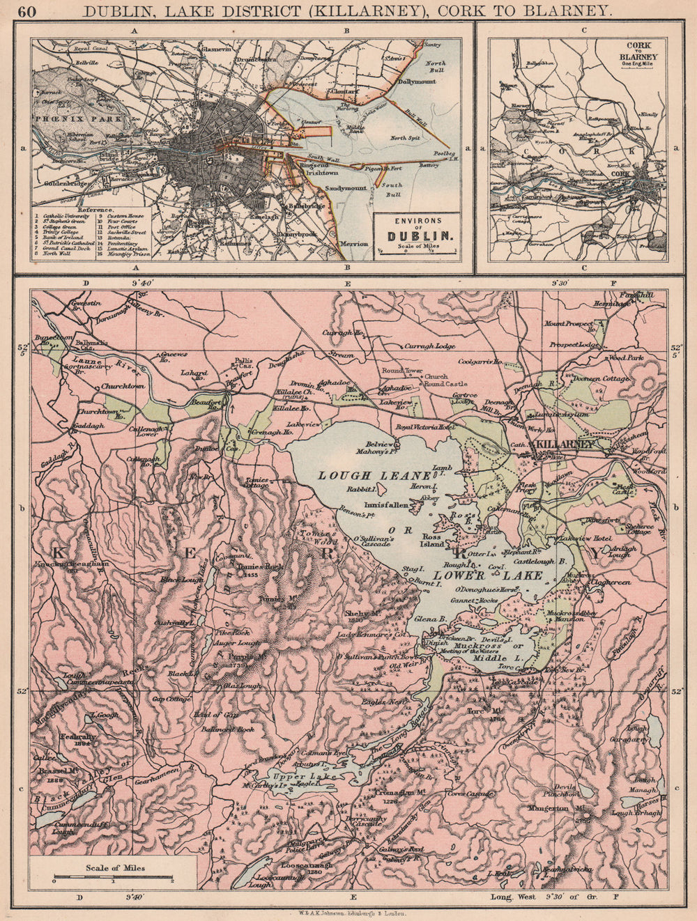 IRELAND. Dublin, Lake District (Killarney) Cork to Blarney. JOHNSTON 1906 map