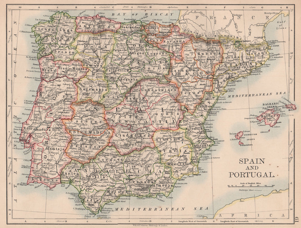 SPAIN AND PORTUGAL. Iberia. Provinces railways. Balearics. JOHNSTON 1906 map