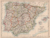 SPAIN AND PORTUGAL. Iberia. Provinces railways. Balearics. JOHNSTON 1906 map