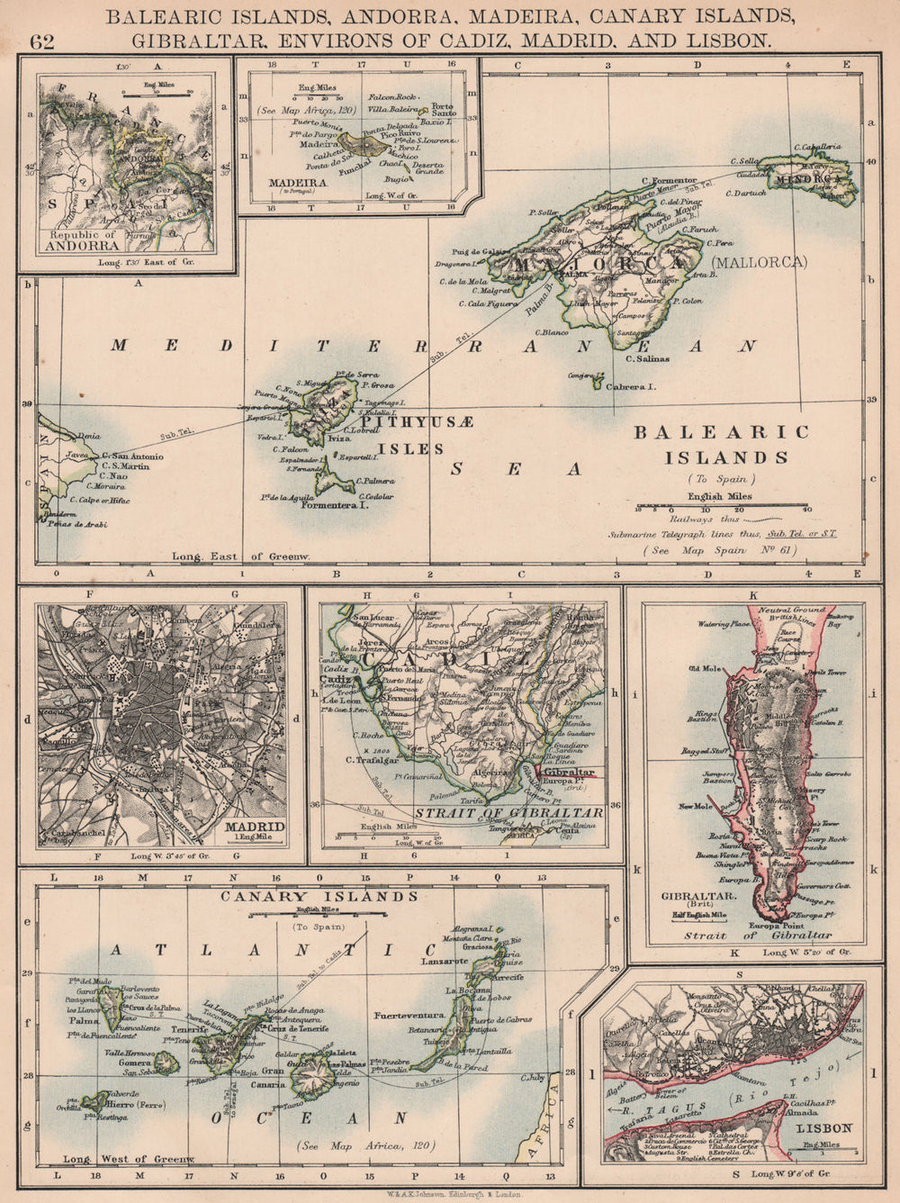 IBERIA. Balearic/Canary Islands Andorra Madeira Gibraltar Madrid Lisbon 1906 map