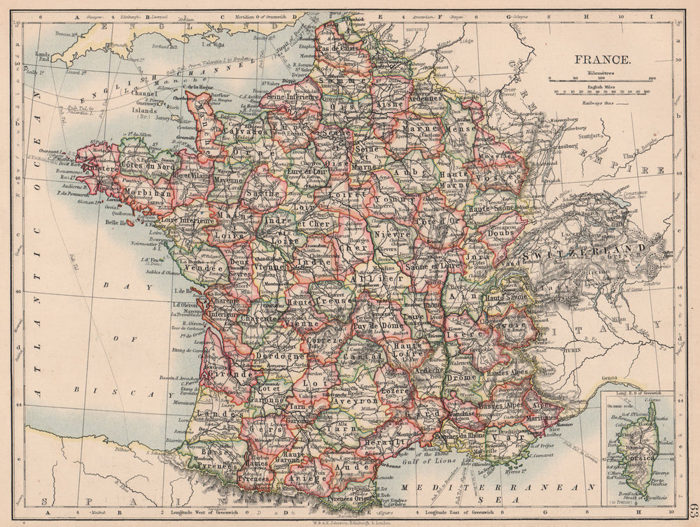 FRANCE. German Alsace & Lorraine. Undersea Telegraph cables. JOHNSTON 1906 map