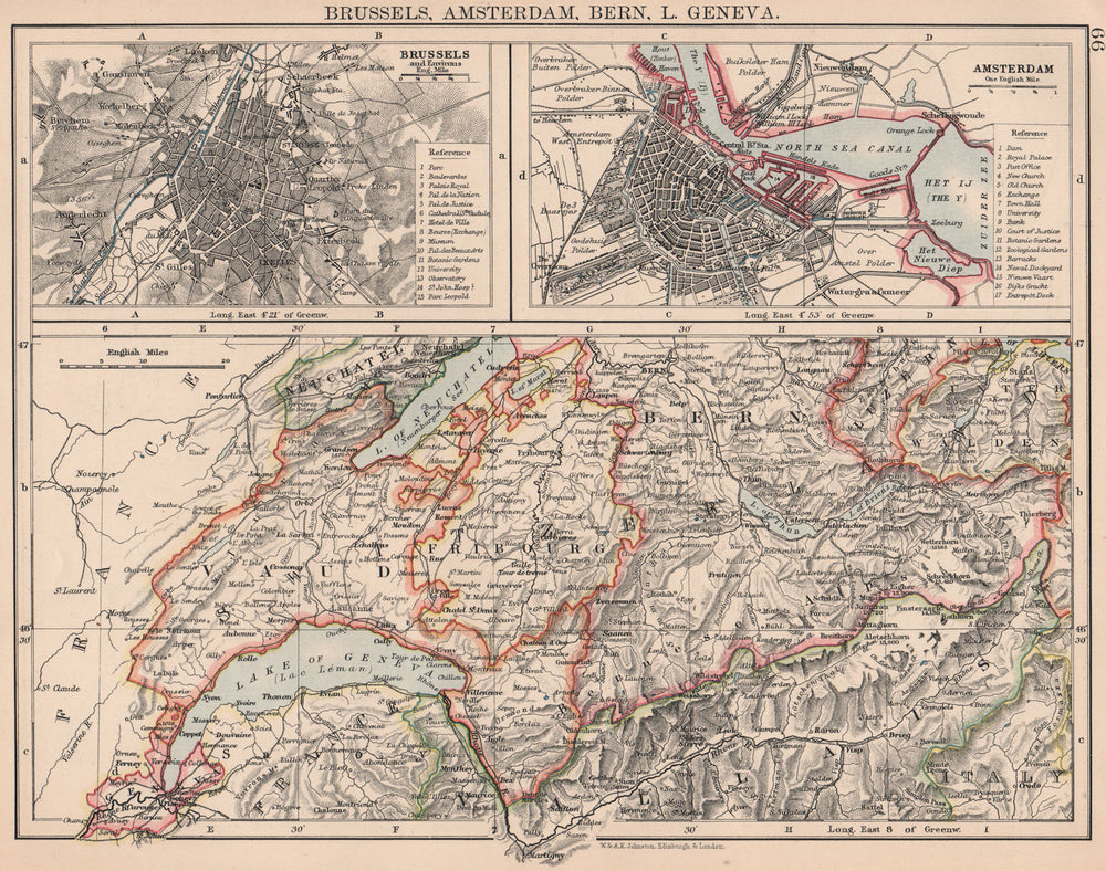 WESTERN SWIZERLAND BRUSSELS AMSTERDAM. Berne Vaud Geneva Fribourg 1906 old map