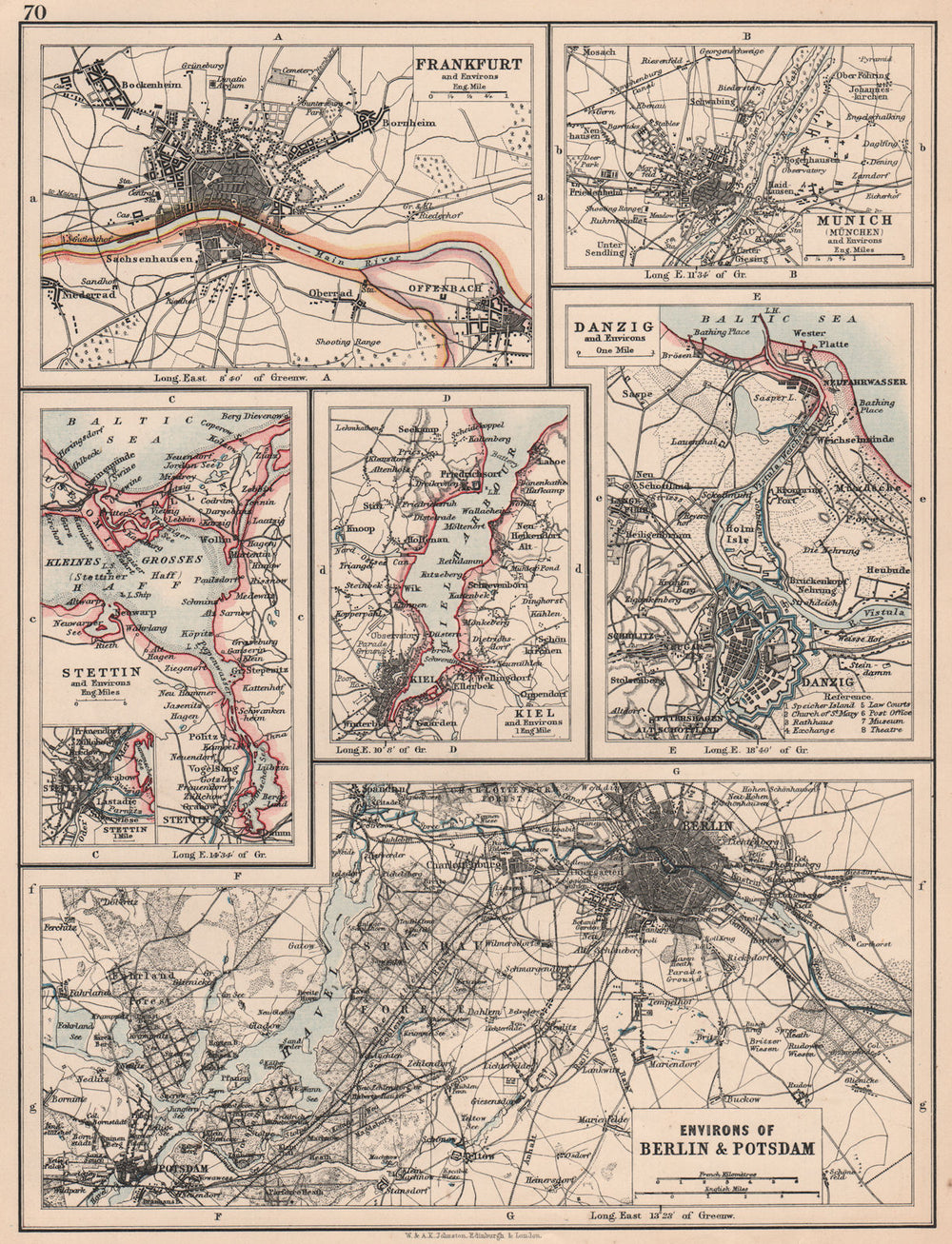 GERMAN/PRUSSIAN CITIES.Frankfurt Munich Szczecin Kiel Danzig Berlin 1906 map