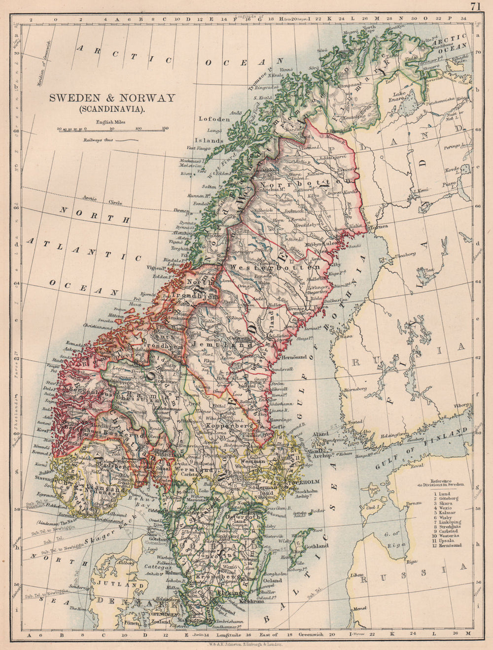 SCANDINAVIA.Sweden Norway.Railways Undersea Telegraph cables.JOHNSTON 1906 map