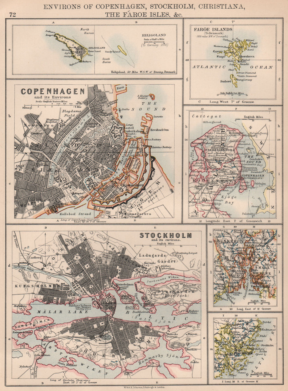 SCANDINAVIAN CITIES. Copenhagen Stockholm Christiania (Oslo) . JOHNSTON 1906 map