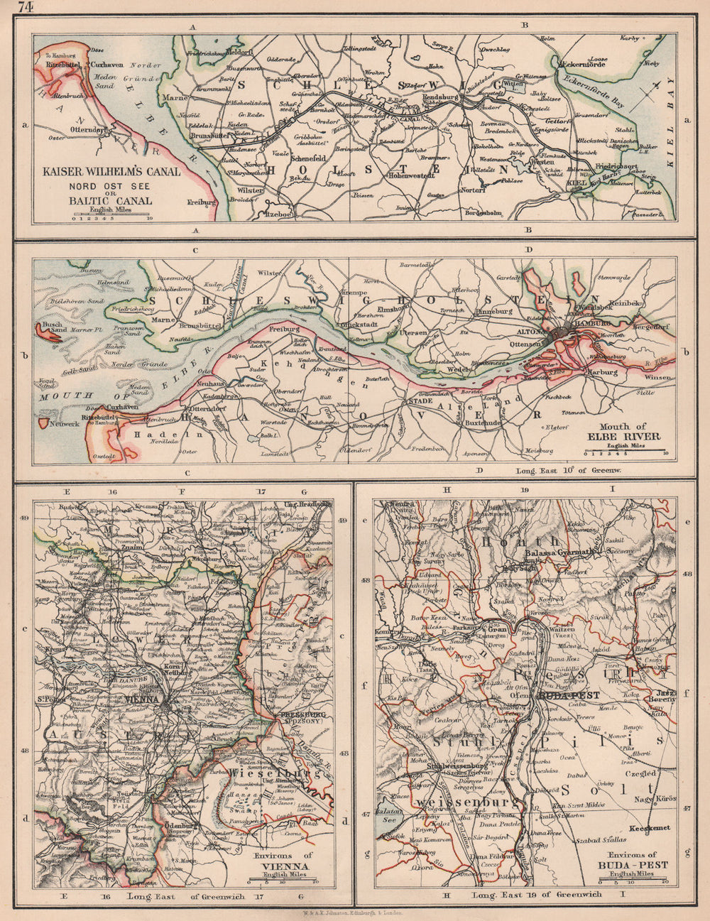 SCHLESWIG WATERWAYS. C EUROPE CITIES. Kiel Canal Elbe Vienna Budapest 1906 map
