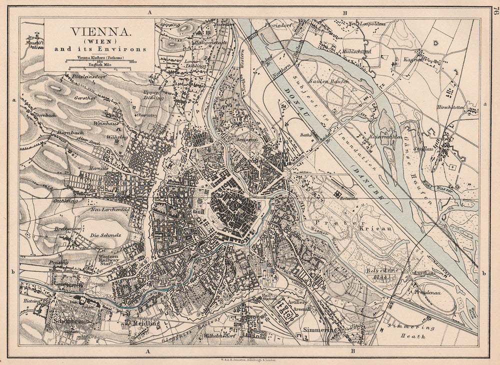 VIENNA (WIEN) . City plan. Danube river. Austria. JOHNSTON 1906 old map