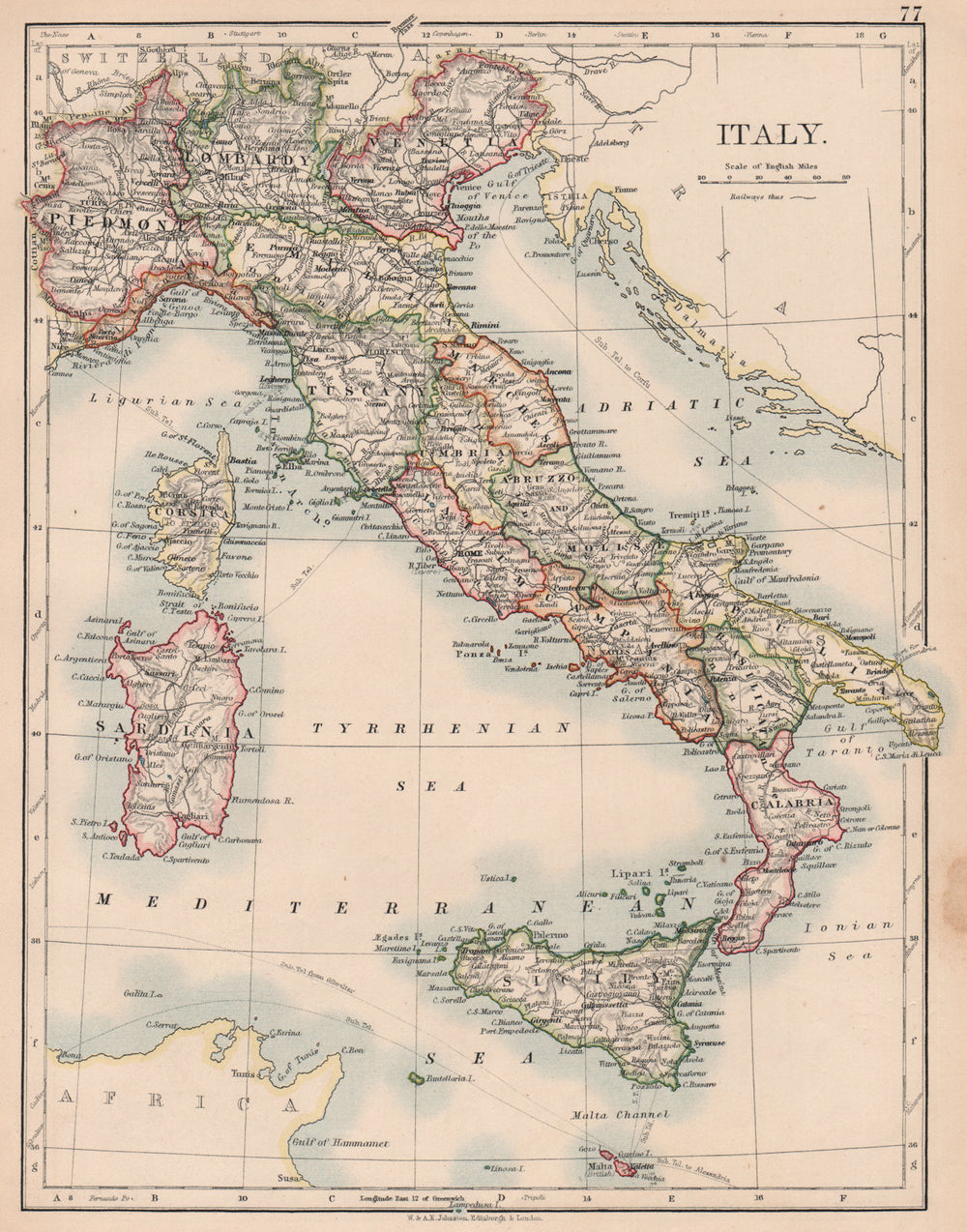 ITALY. Showing states/territorial divisions. JOHNSTON 1906 old antique map