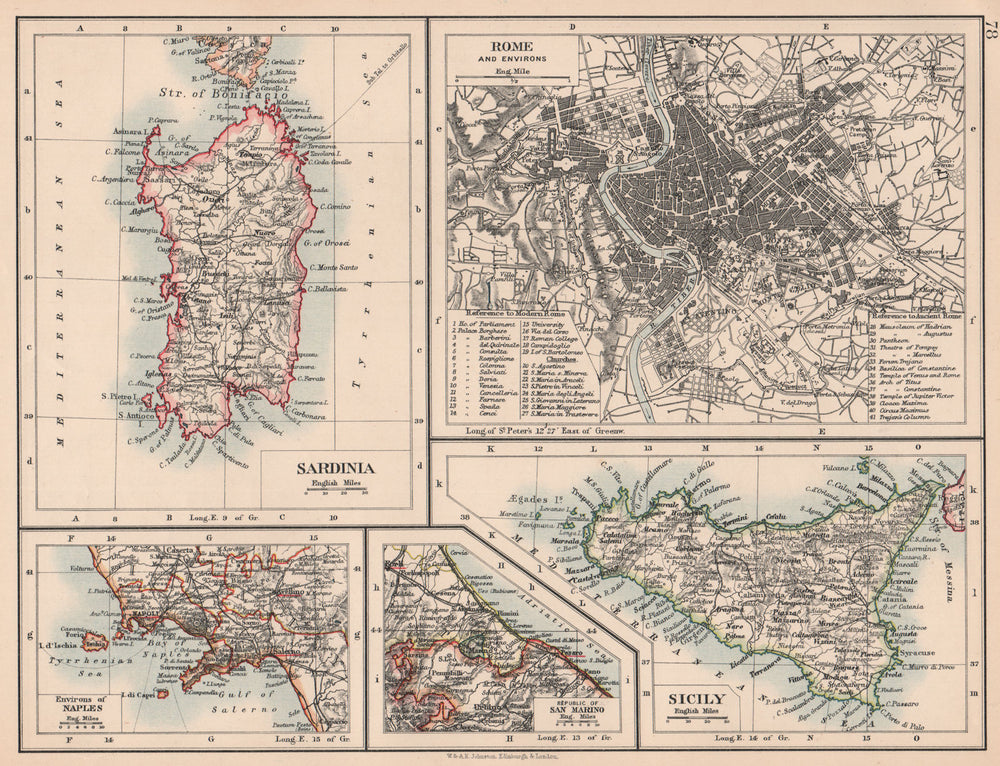ITALY CITIES & ISLANDS.Sardinia Rome Naples San Marino Sicily.JOHNSTON 1906 map