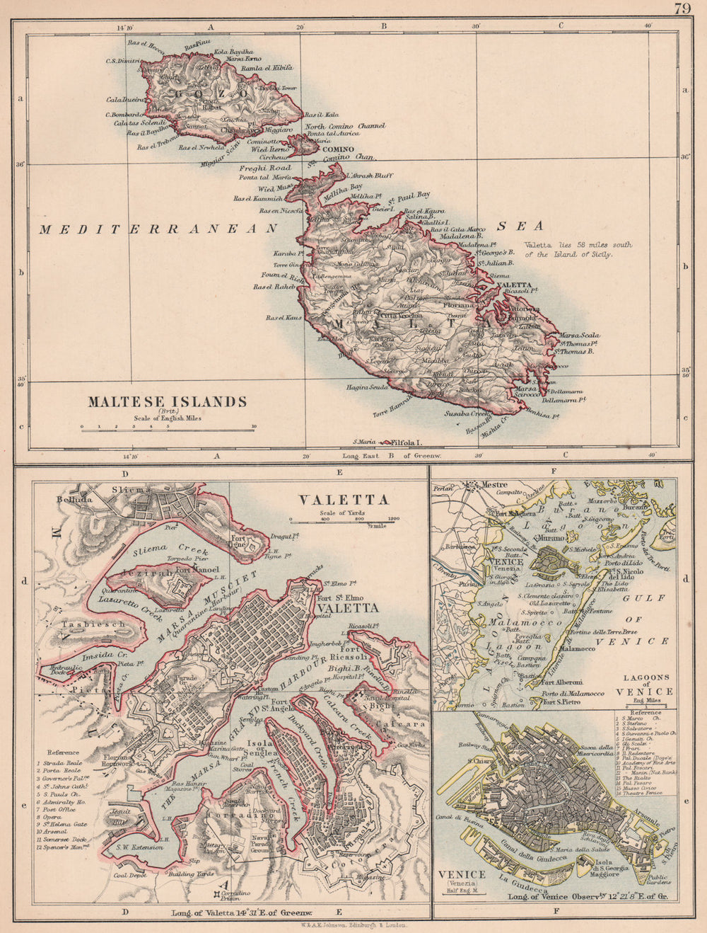 MALTESE ISLANDS & VENICE.Valetta & Venezia town plans.Lagoons.JOHNSTON 1906 map