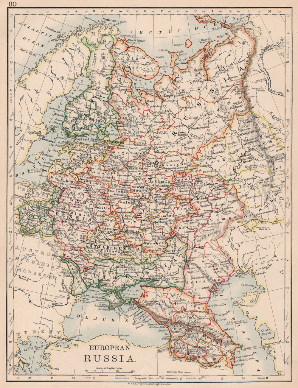 EUROPEAN RUSSIA. Shows Great/Little/West/South Russia. Poland. JOHNSTON 1906 map