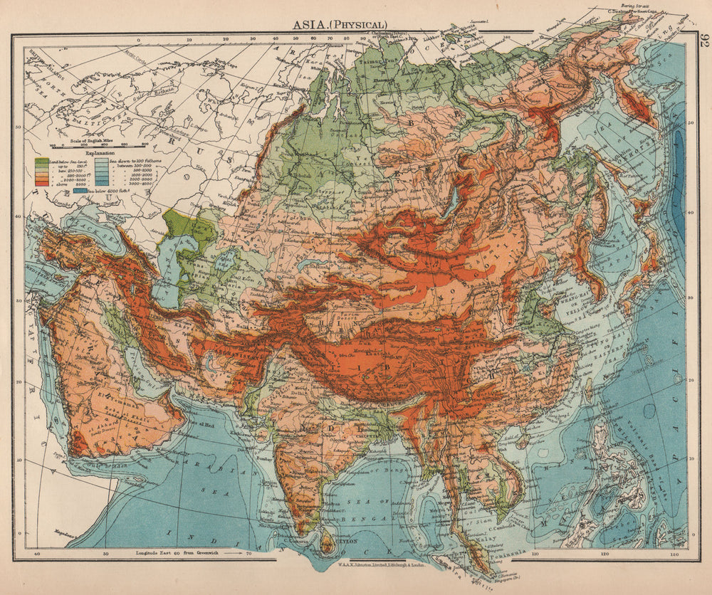 ASIA PHYSICAL. Relief Mountain heights Ocean depths Rivers. JOHNSTON 1906 map