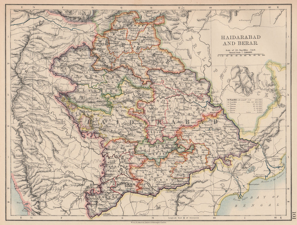 BRITISH INDIA EAST. Hyderabad & Berar. Railways. JOHNSTON 1906 old antique map