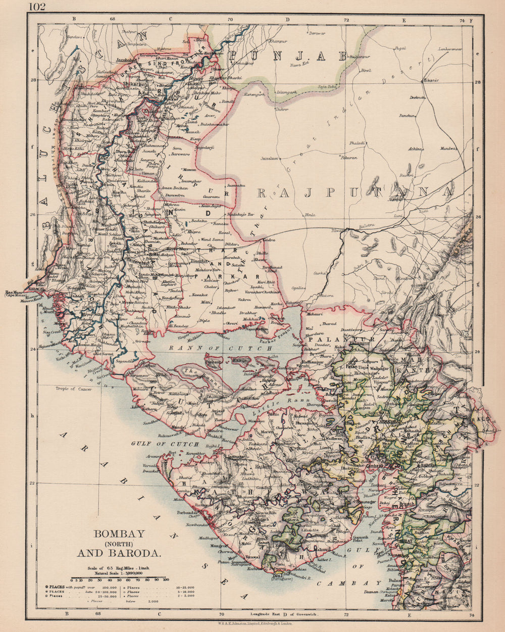 BRITISH INDIA NW.Gurajat Sindh.Bombay(Mumbai)North.Vadodara.railways 1906 map