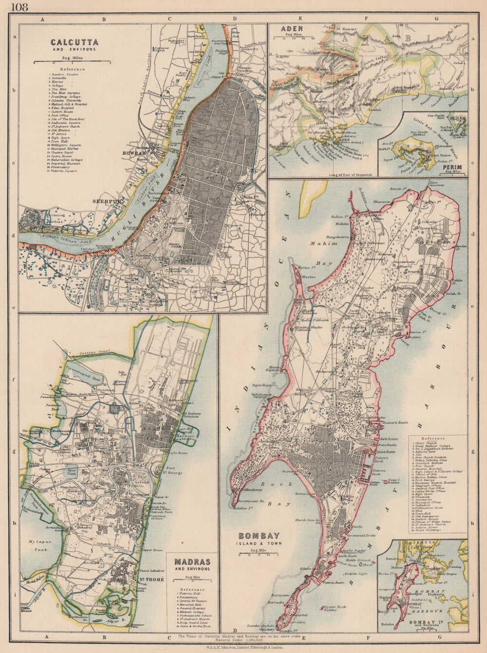 BRITISH INDIA CITIES.Calcutta(Kolkata)Madras(Chennai)Bombay(Mumbai) 1906 map
