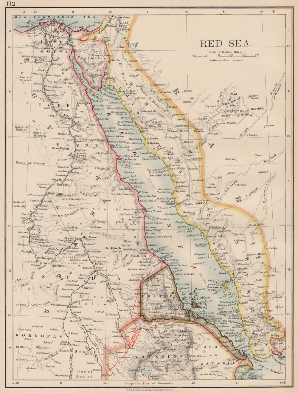 RED SEA. Egypt Eritrea Hedjaz Asir Yemen. Nile valley. Sinai. JOHNSTON 1906 map