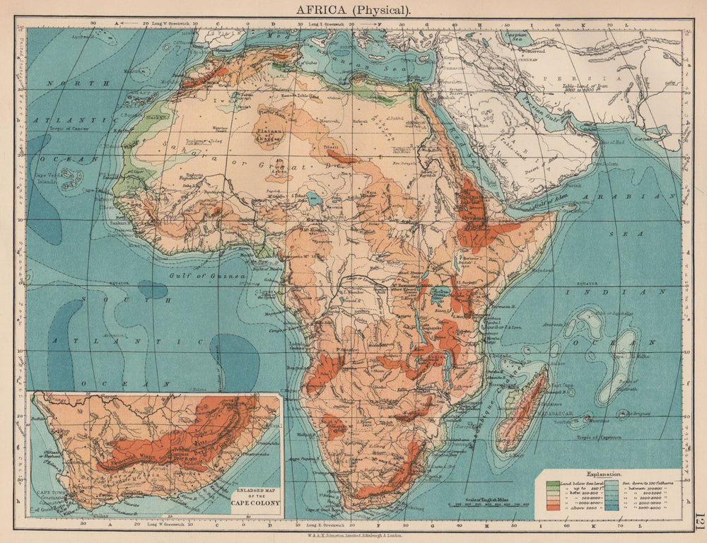 AFRICA PHYSICAL. Relief ocean depths rivers. JOHNSTON 1906 old antique map