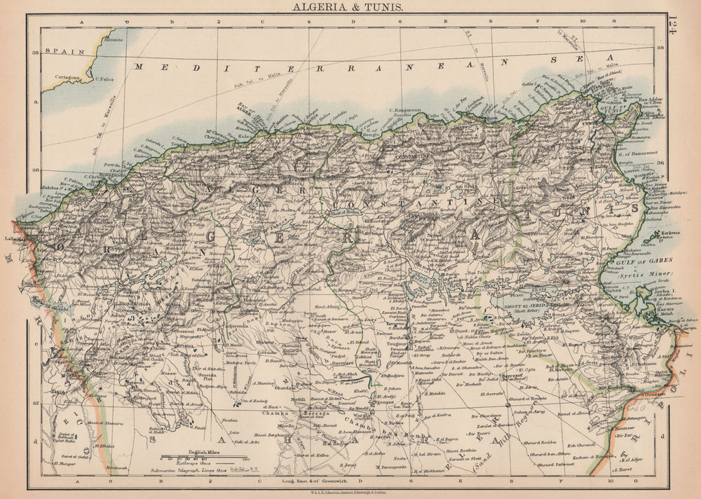 ALGERIA & TUNIS. Maghreb Tunisia. Provinces. Telegraph cables. JOHNSTON 1906 map