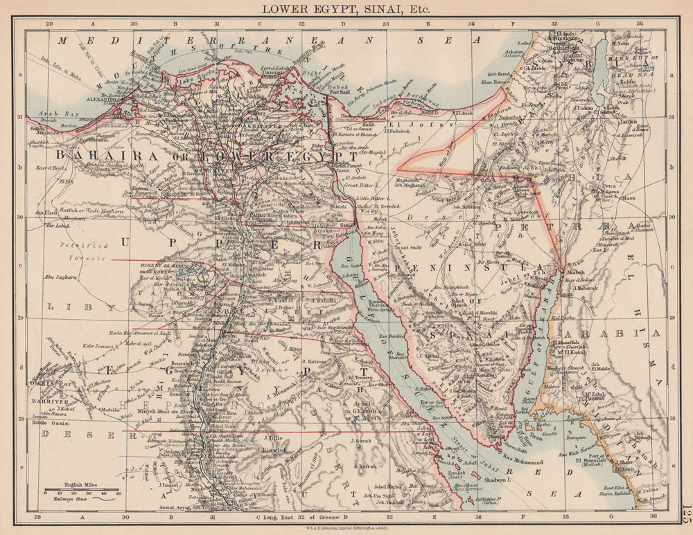 LOWER EGYPT & SINAI. Provinces. Nile valley/delta. Railways. JOHNSTON 1906 map