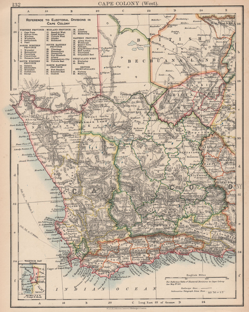 CAPE COLONY.Electoral divisions.South Africa.Inset Walvis Bay.JOHNSTON 1906 map