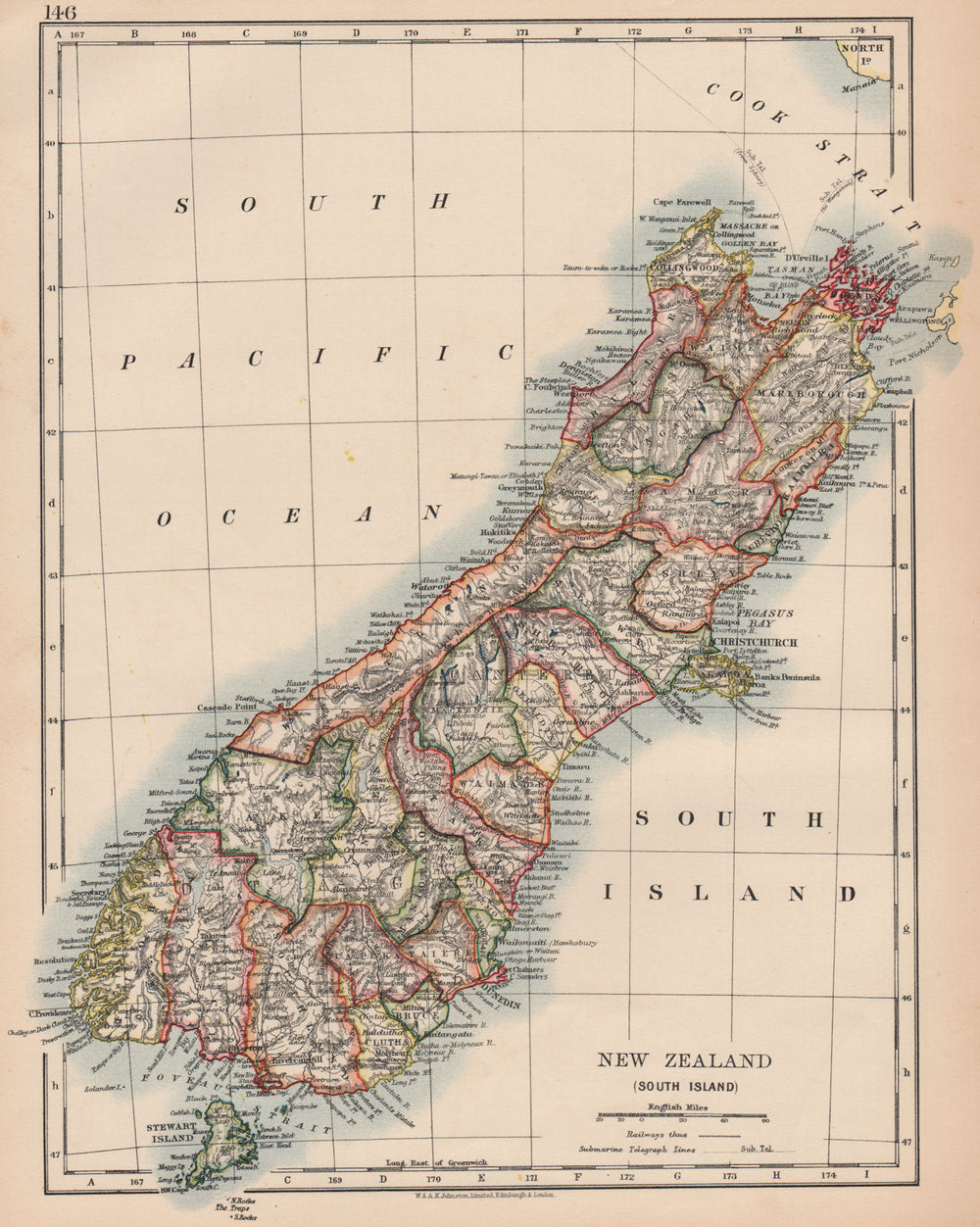 SOUTH ISLAND NEW ZEALAND. Showing counties. Telegraph cables. JOHNSTON 1906 map