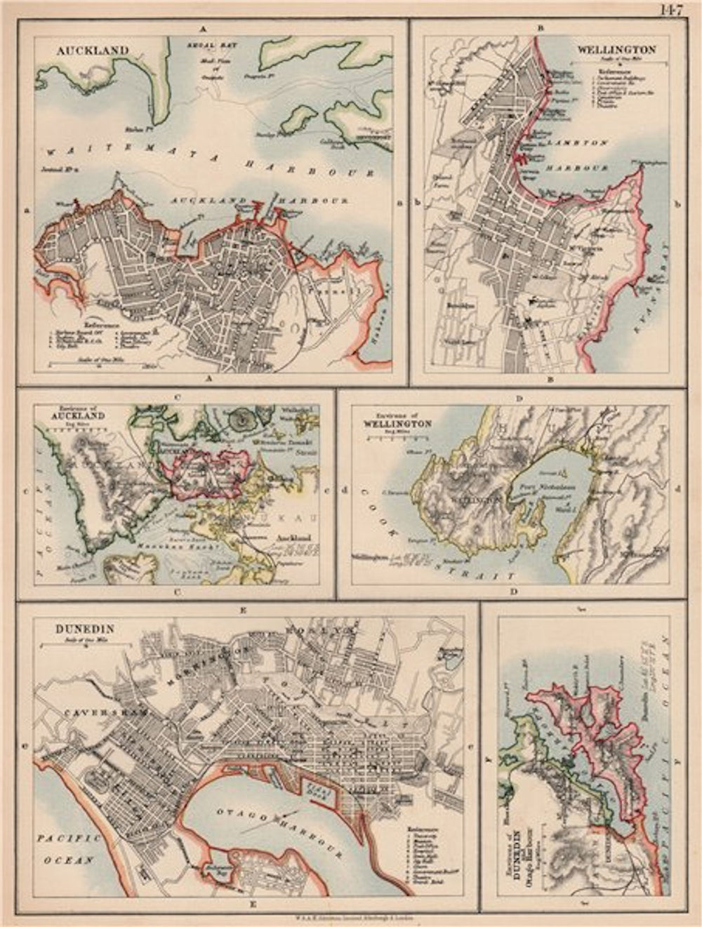 NEW ZEALAND CITIES. Auckland Wellington Dunedin Otago Harbour. JOHNSTON 1906 map