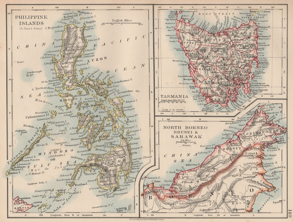 EAST ASIA.US American Philippines.Tasmania North Borneo Brunei Sarawak 1906 map