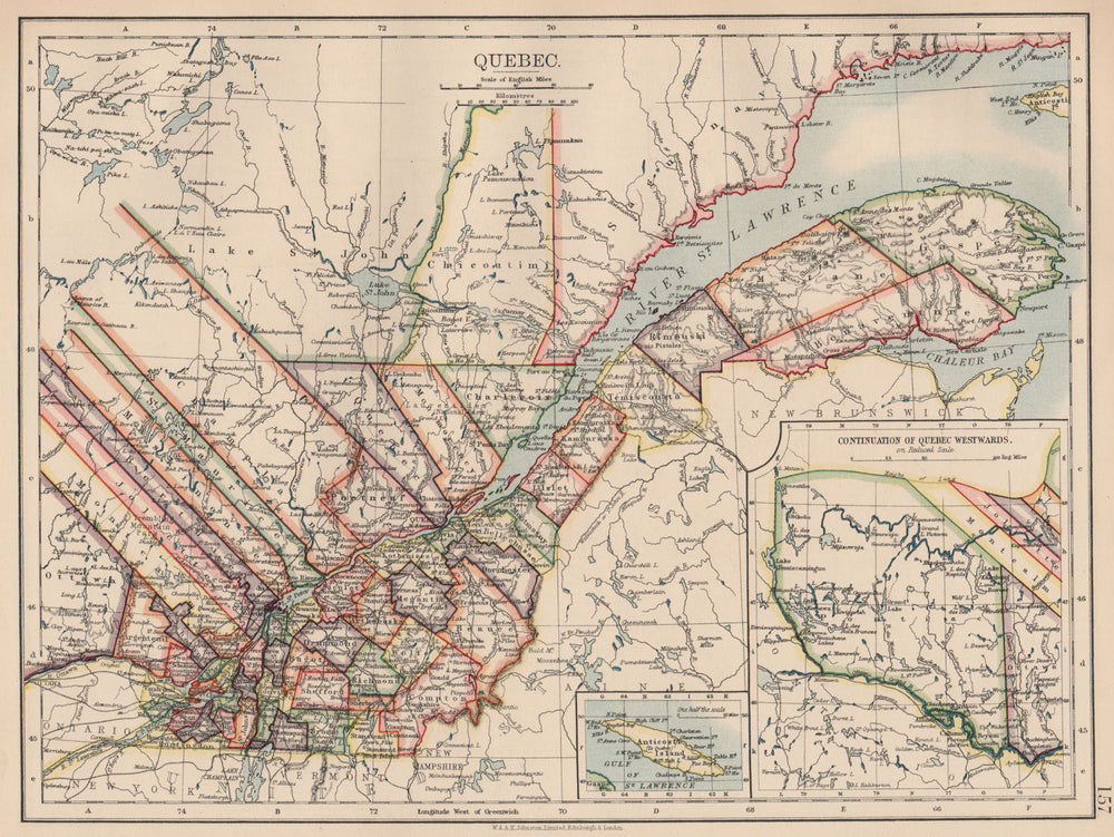 QUEBEC QUÉBEC. Showing counties. Canada. St Lawrence. JOHNSTON 1906 old map