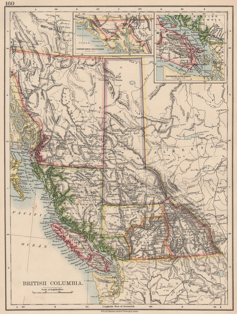 BRITISH COLUMBIA. Province map. Railroads. Vancouver island. JOHNSTON 1906