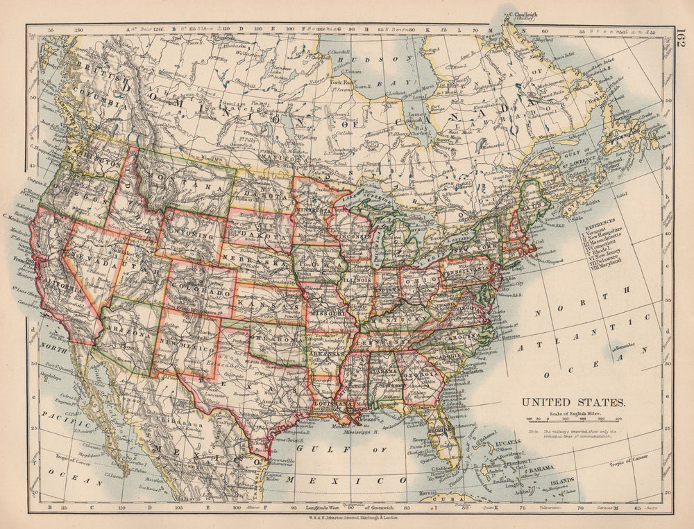 USA. United States showing states and railroads. JOHNSTON 1906 old antique map
