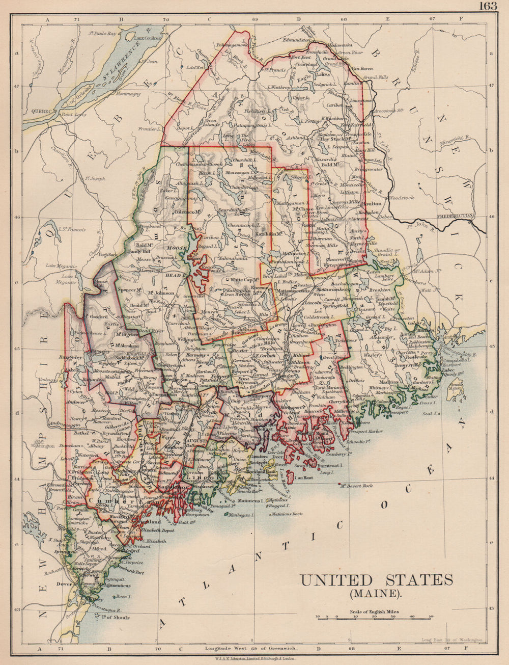 MAINE. State map showing counties & railroads. JOHNSTON 1906 old antique