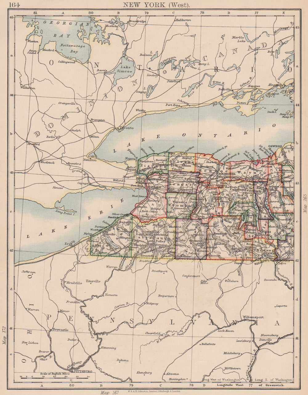 NEW YORK STATE WEST. Map showing counties & railroads. Niagara. JOHNSTON 1906