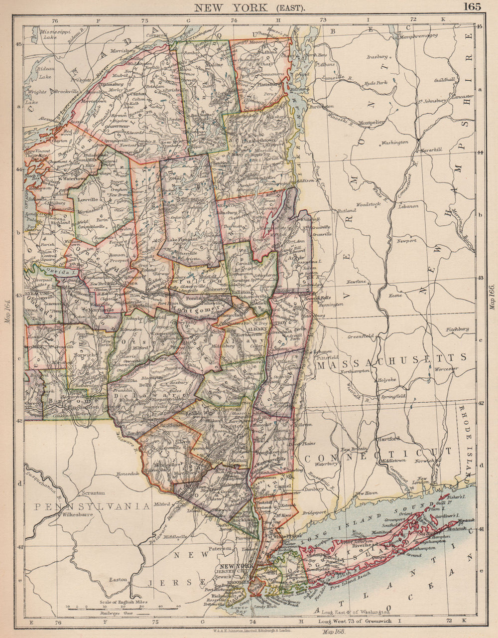 NEW YORK STATE EAST. with counties railroads. NYC Long Island. JOHNSTON 1906 map