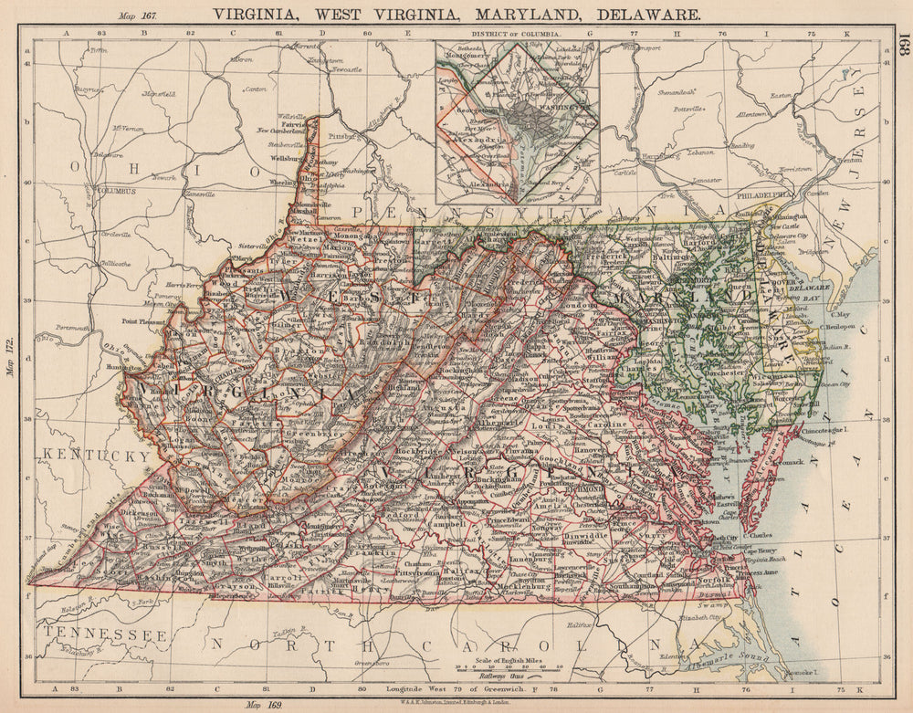 US MID ATLANTIC STATES.VA West Virginia Maryland Delaware Washington DC 1906 map