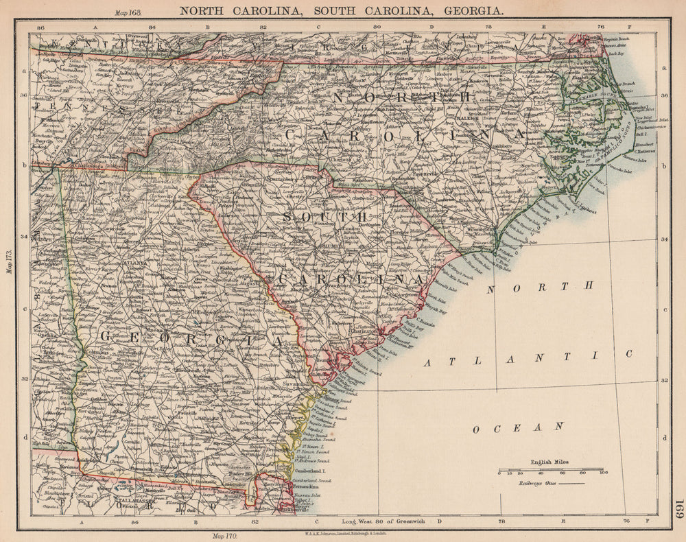 USA SOUTH ATLANTIC STATES. North & South Carolina Georgia. JOHNSTON 1906 map