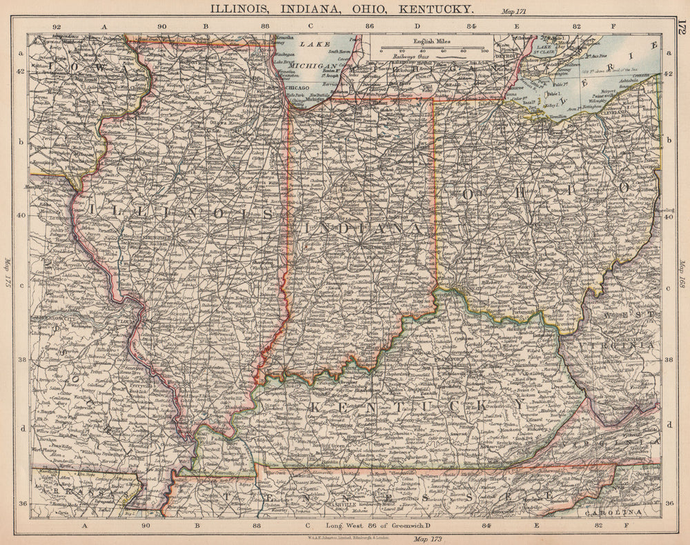 USA MIDWEST. Illinois Indiana Ohio Kentucky. Railroads. JOHNSTON 1906 old map
